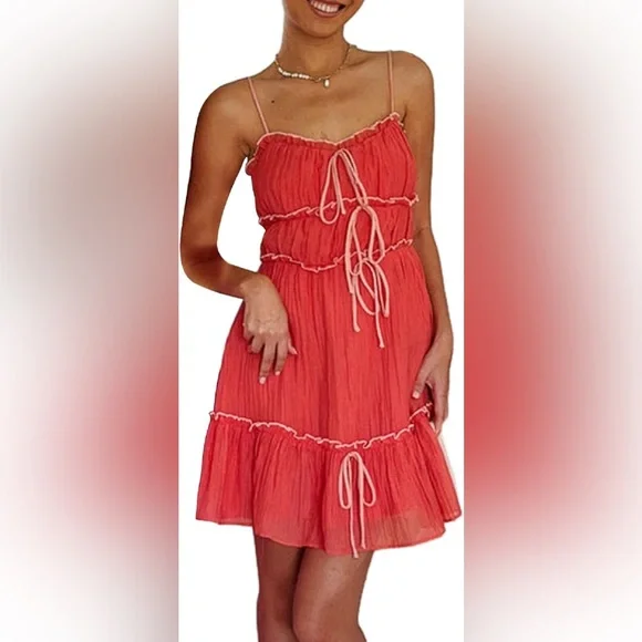 Never Worn Ruffle Tiered Coral Mini Dress - Picture 3 of 3